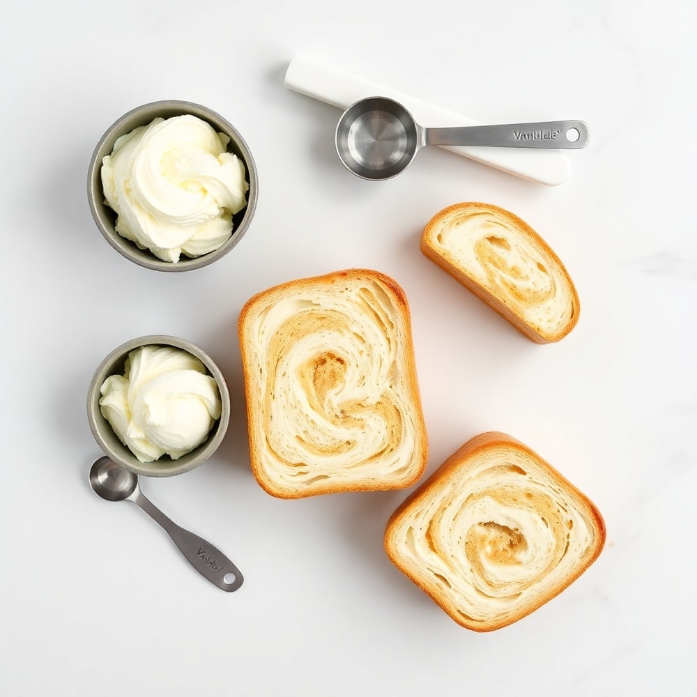 Raw ingredients for Creamy Swirl Ice Cream Bread Treat on a white marble surface
