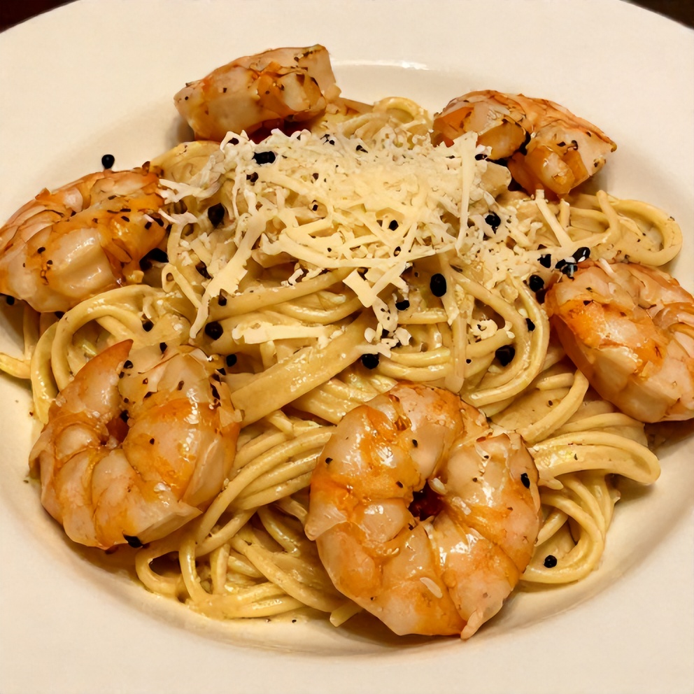One perfect plated serving of Creamy Tuscan Garlic Shrimp Pasta, including parmesan cheese garnish, on a white plate, close crop, warm side lighting showing texture, photorealistic food photography, no text, no watermark