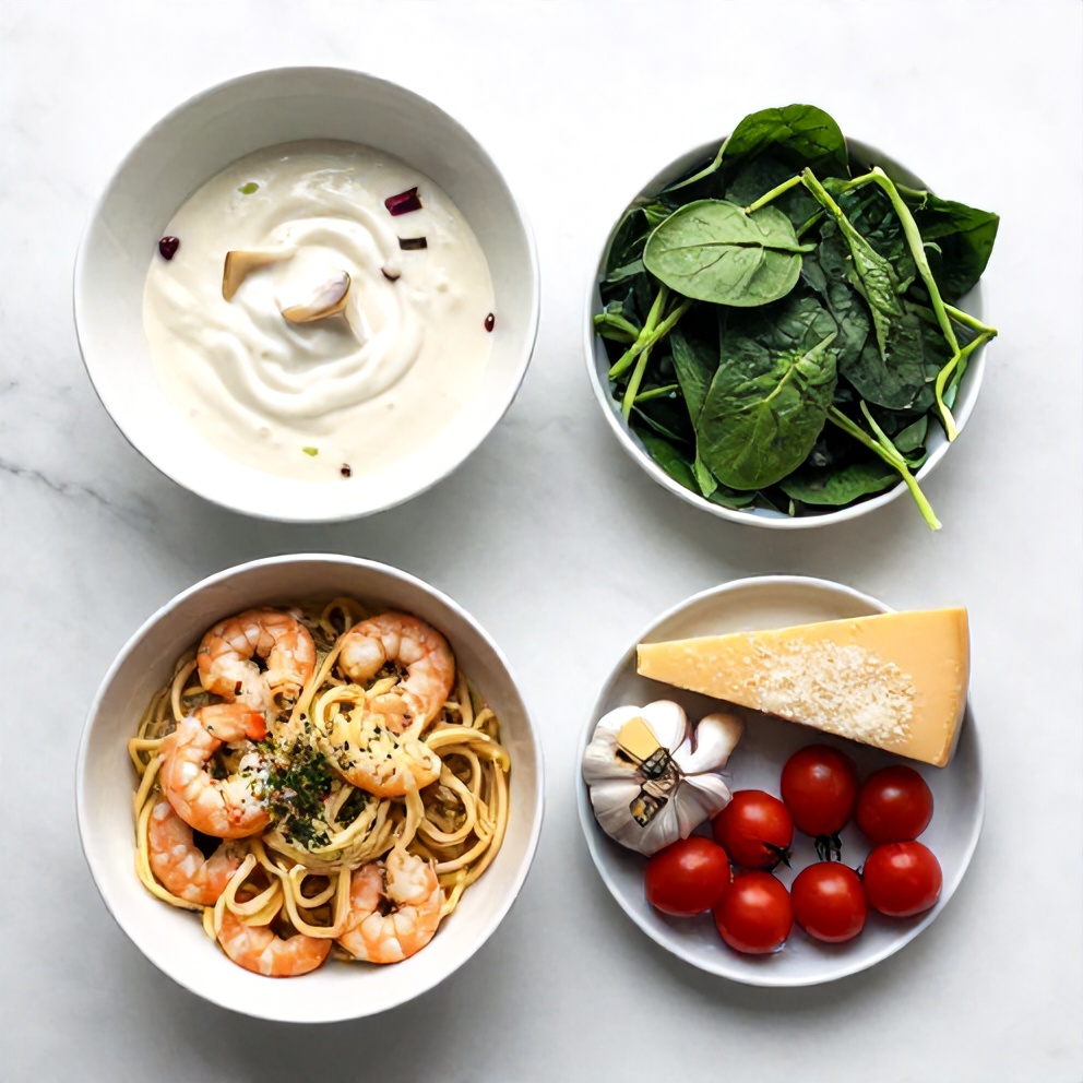 Overhead flat lay of raw ingredients for Creamy Tuscan Garlic Shrimp Pasta, including shrimp, garlic, heavy cream, spinach, parmesan cheese, and cherry tomatoes, small prep bowls and measuring spoons visible, white marble surface, bright even light, photorealistic overhead food photography, no text, no watermark