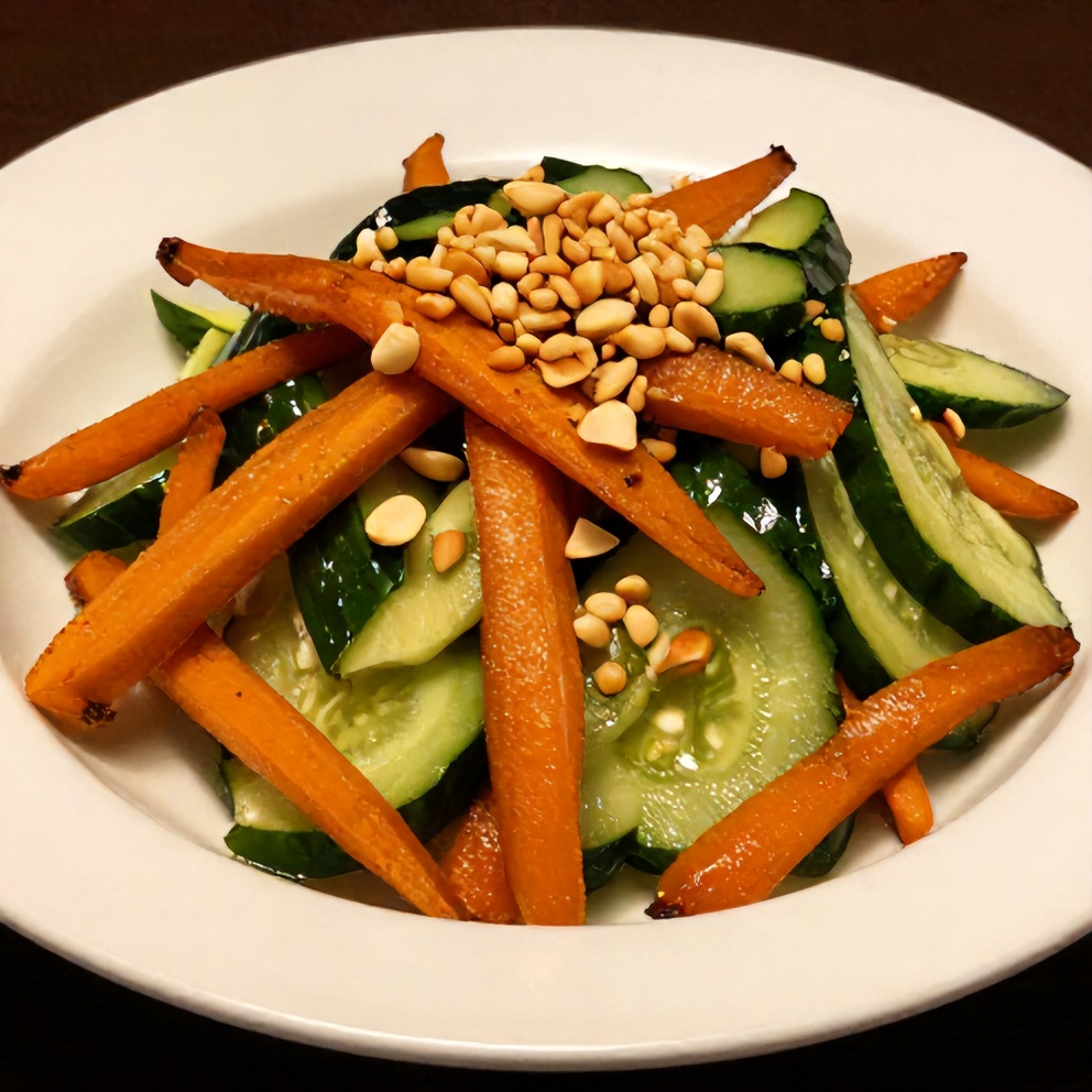Plated serving of Crispy Asian Carrot & Cucumber Salad on a white plate