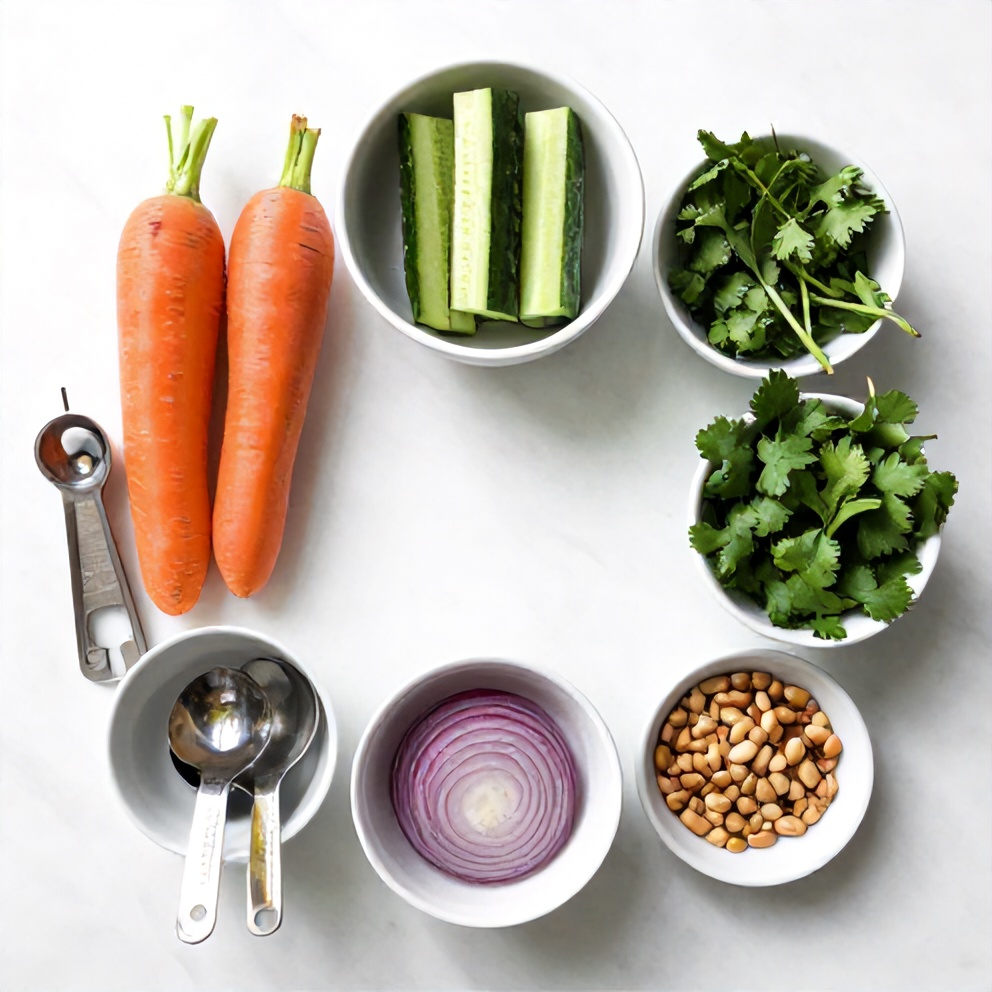 Raw ingredients for Asian Carrot & Cucumber Salad on a white marble surface