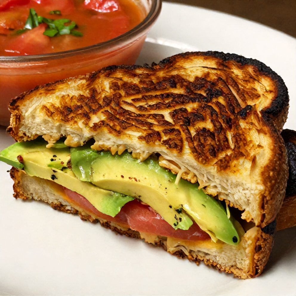 A plated serving of crispy avocado tomato grilled cheese sandwich with a side of fresh tomato soup