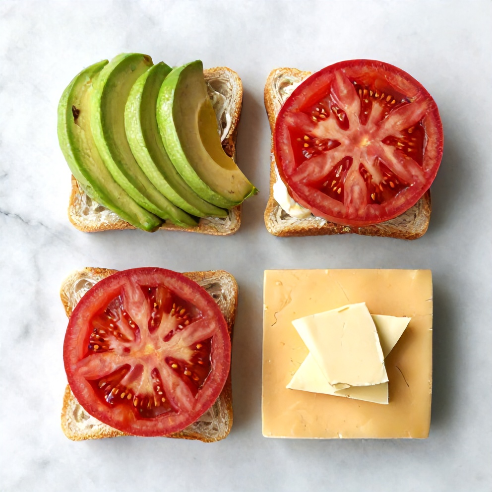 Avocado, tomato, bread, butter, and cheese arranged on a marble surface