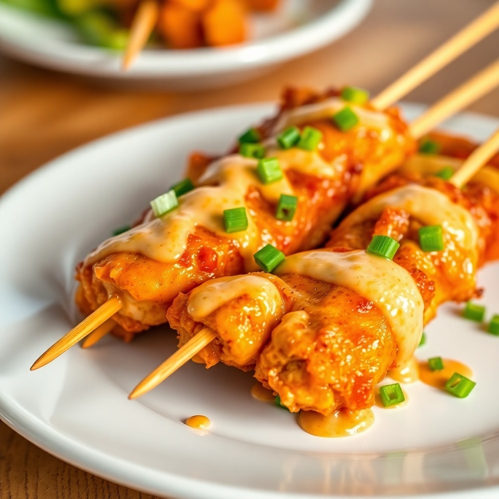 Plated Bang Bang Chicken Skewers with green onions