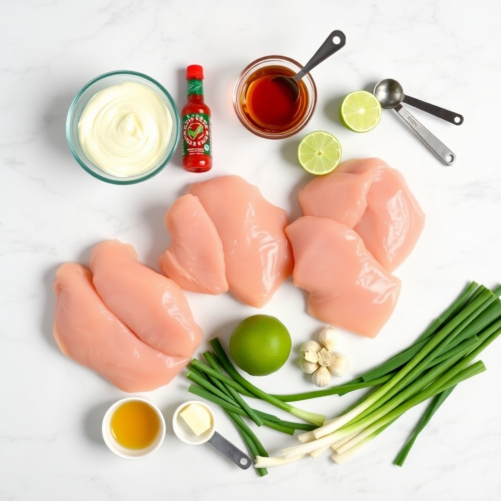 Raw ingredients for Bang Bang Chicken Skewers on a marble surface
