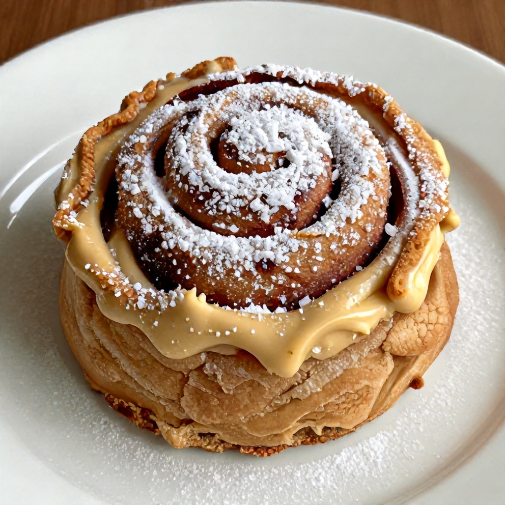 Plated Biscoff Cinnamon Roll with cookie butter glaze and powdered sugar