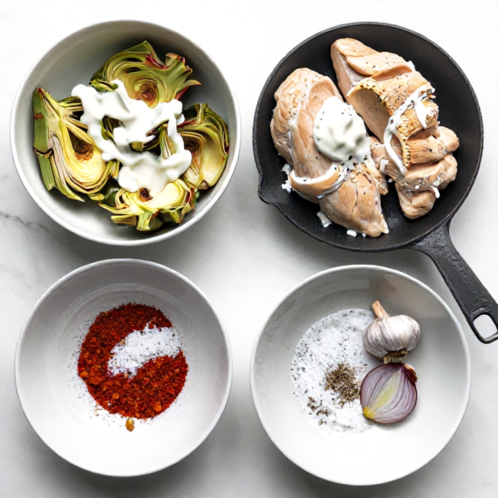 Raw ingredients for Chicken Artichoke Skillet