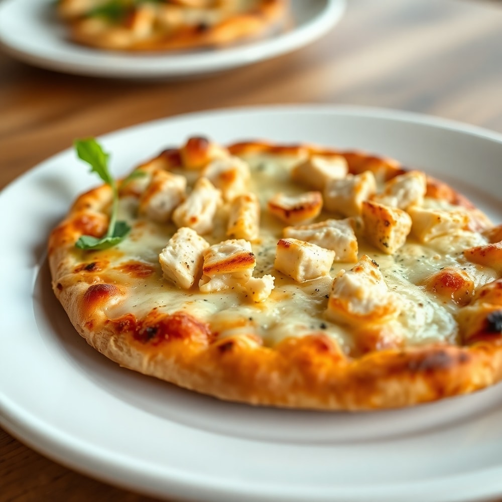 Chicken Caesar Salad Pizza on a white plate