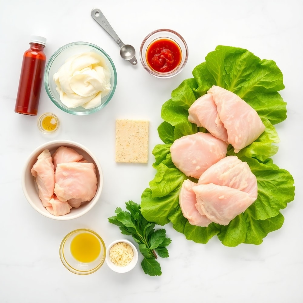 Raw ingredients for Chicken Caesar Salad Pizza on a marble counter