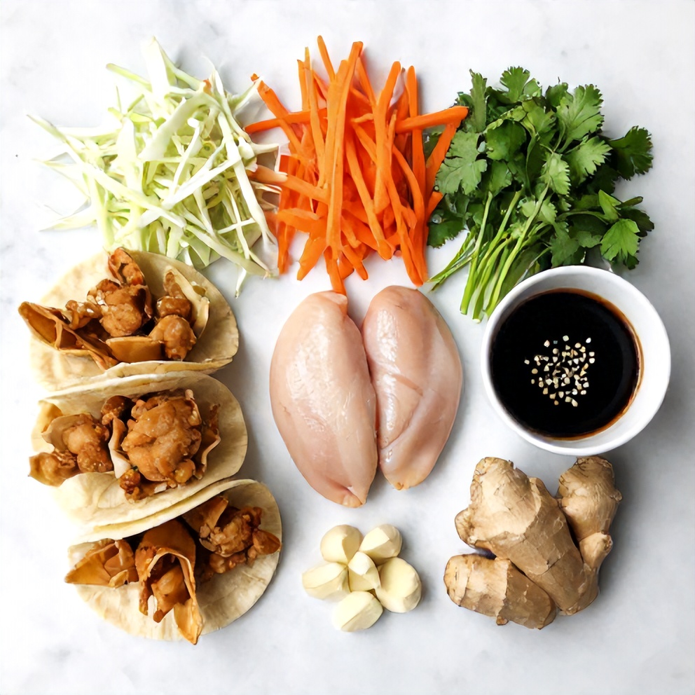 Raw ingredients for Crispy Chicken Wonton Tacos including chicken breasts, wonton wrappers, shredded cabbage, and fresh cilantro arranged on a marble surface