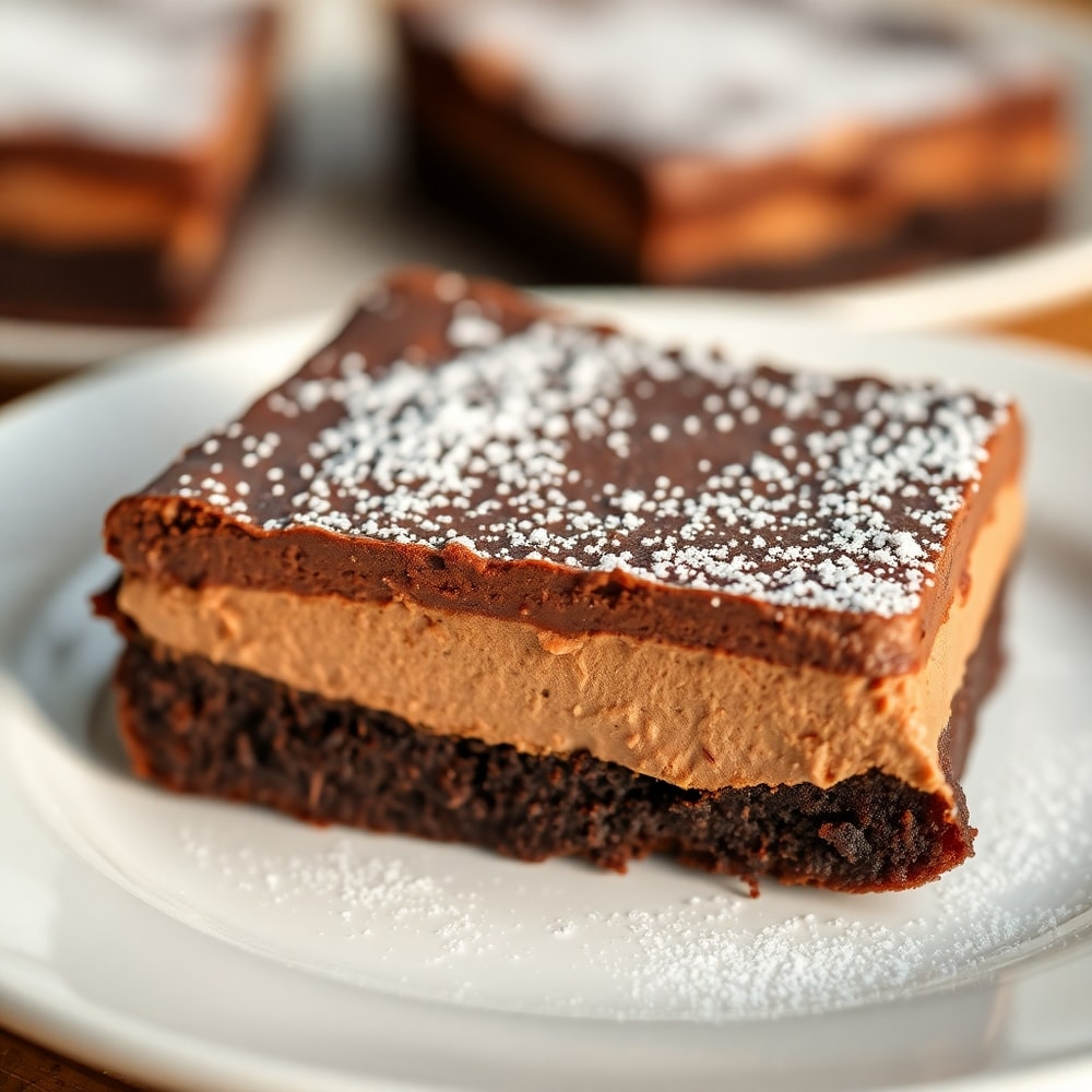 A slice of Chocolate Mousse Brownie on a white plate