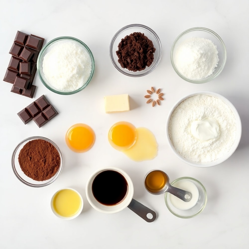 Raw ingredients for Chocolate Mousse Brownies on a white marble surface
