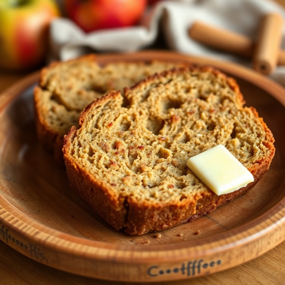 Sliced Cinnamon Apple Bread on a wooden plate with a pat of butter
