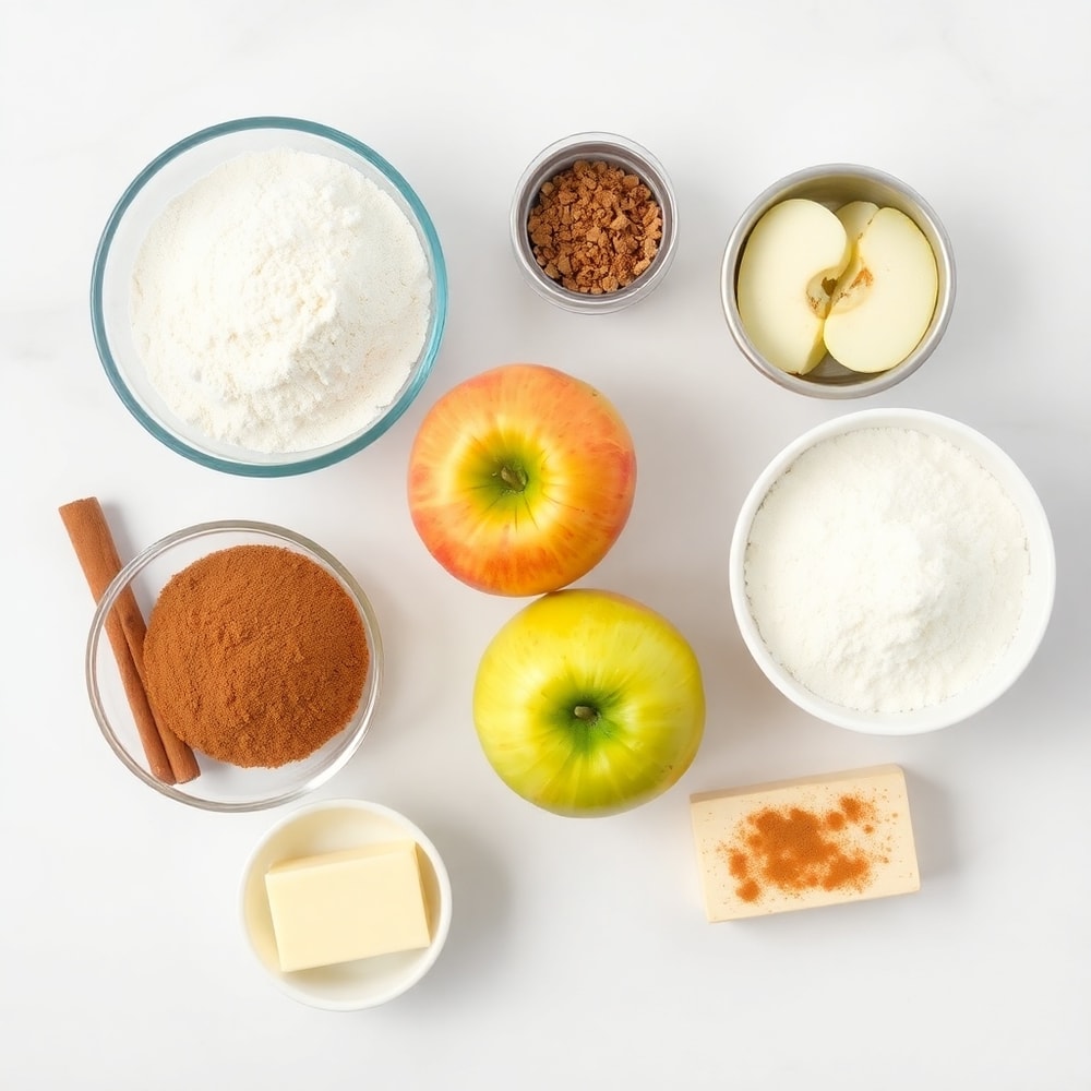 Raw ingredients for Cinnamon Apple Bread - flour, sugar, apples, cinnamon, and butter