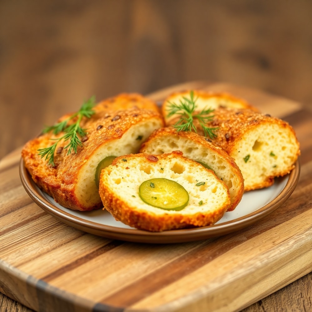 Crispy Dill Pickle Bread sliced and served on a plate