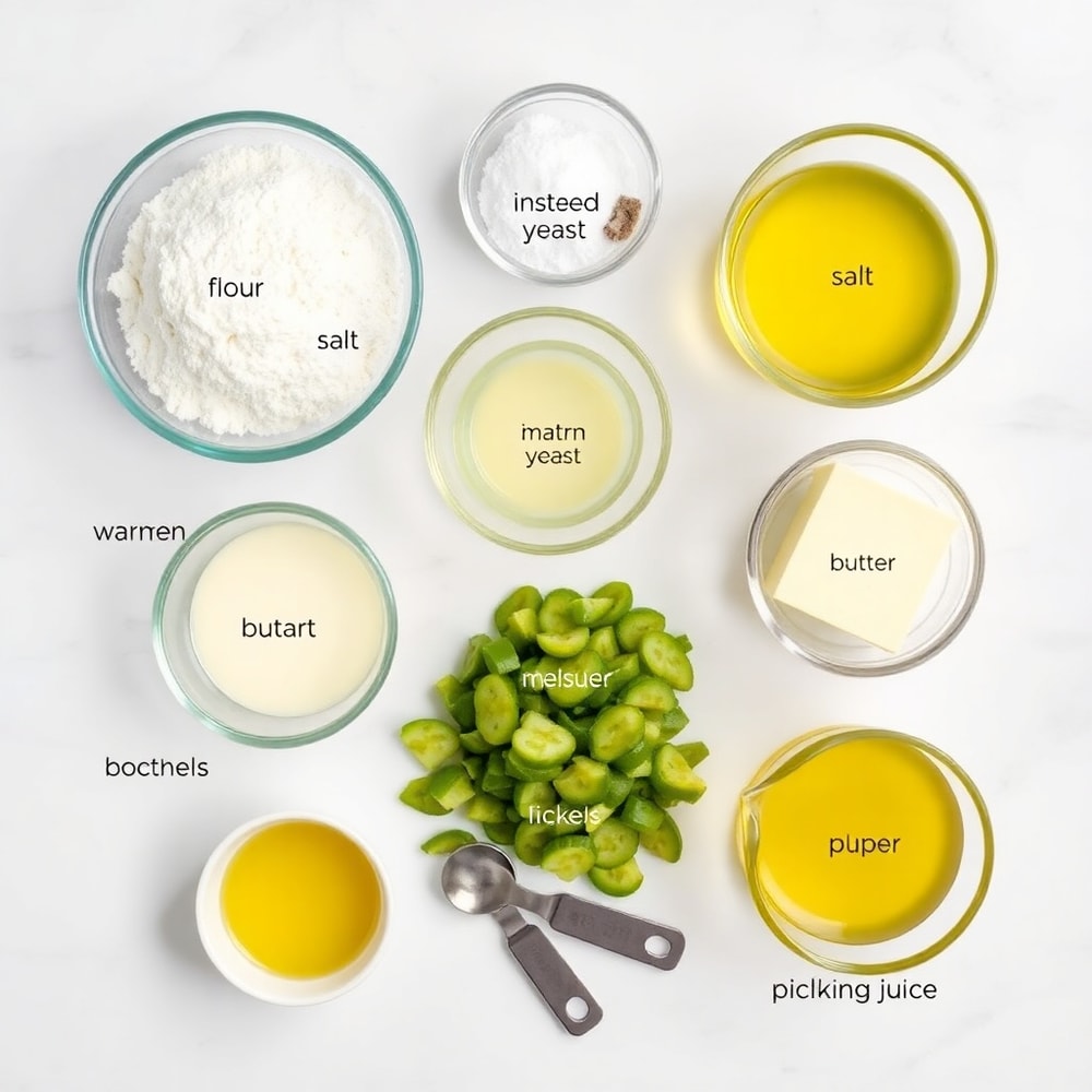 Raw ingredients for Dill Pickle Bread on a marble surface