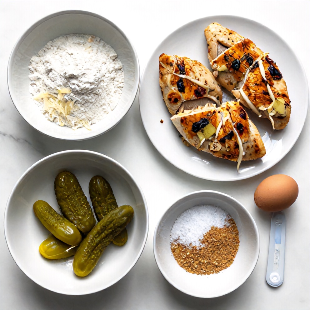 Raw ingredients for Crispy Dill Pickle Parmesan Chicken