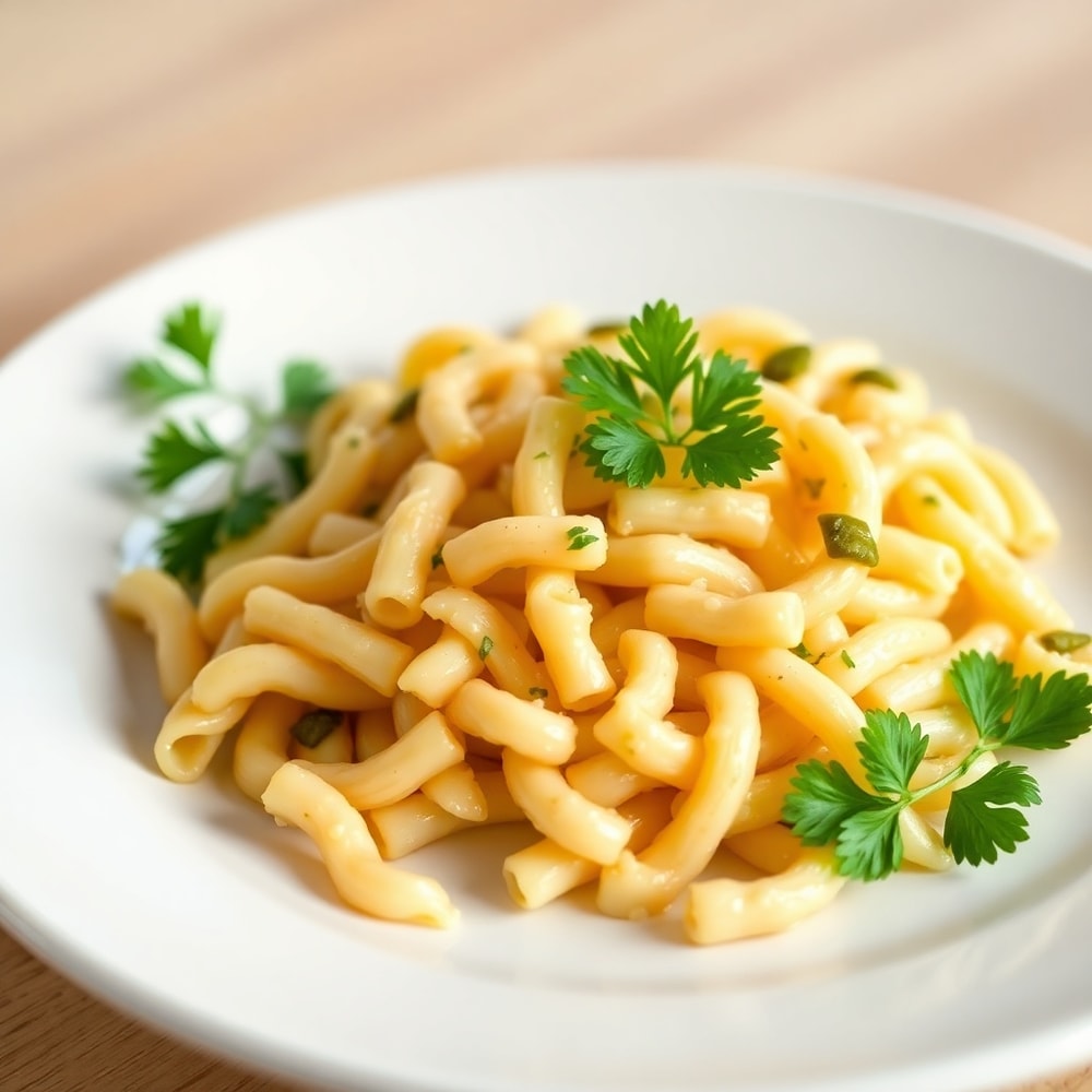 Plated serving of crispy dill pickle pasta salad with fresh parsley