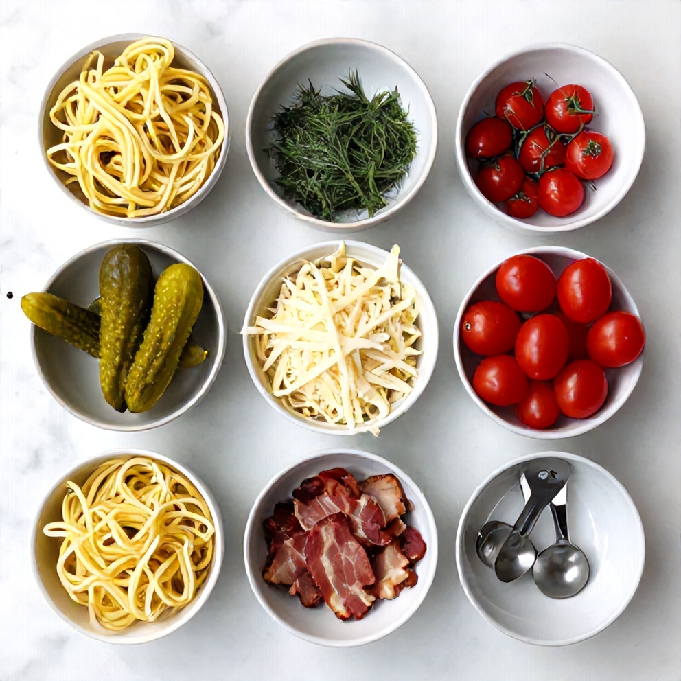 Raw ingredients for dill pickle pasta salad on a white marble surface
