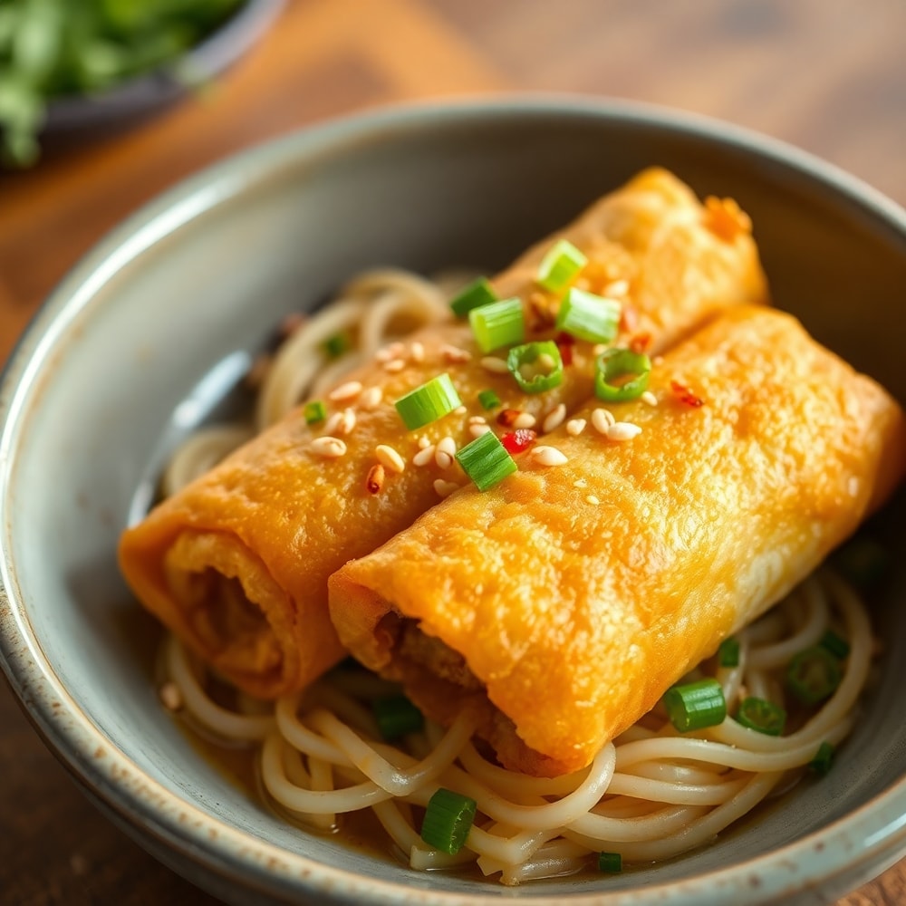 Egg Roll in a Bowl plated with green onions and sesame seeds
