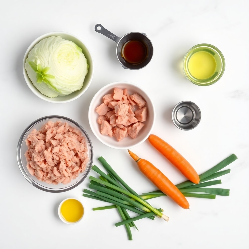 Raw ingredients for Egg Roll in a Bowl including ground pork, cabbage, carrots, and green onions