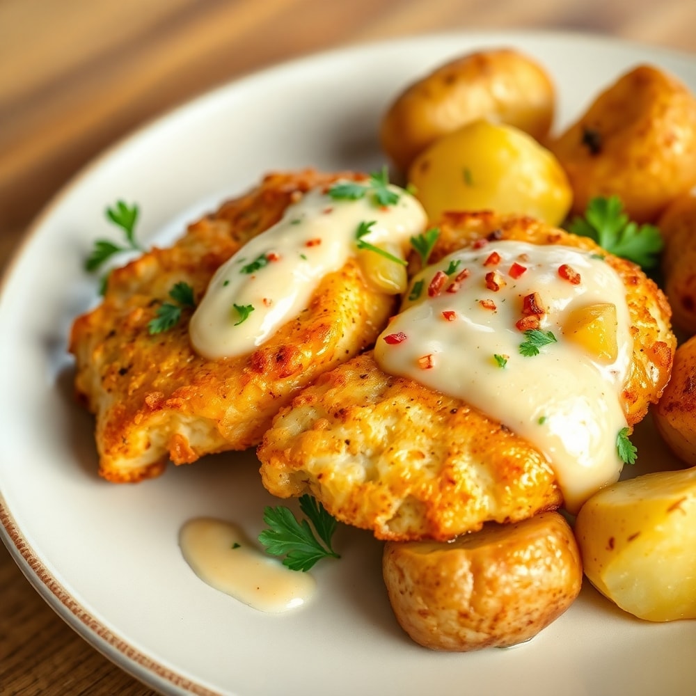 Plated Garlic Parmesan Chicken and Potatoes