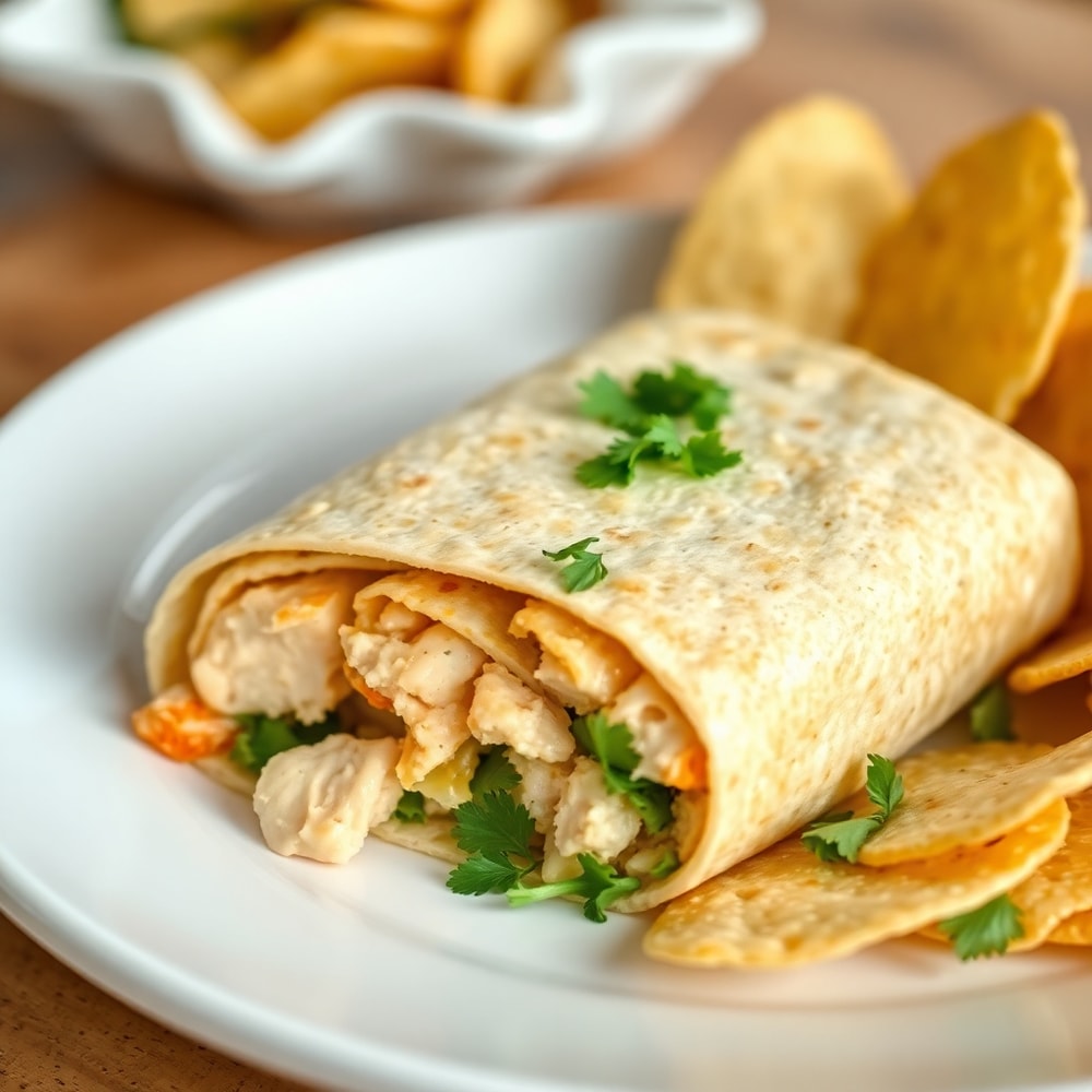 Plated chicken Caesar wrap on a white plate with a side of tortilla chips