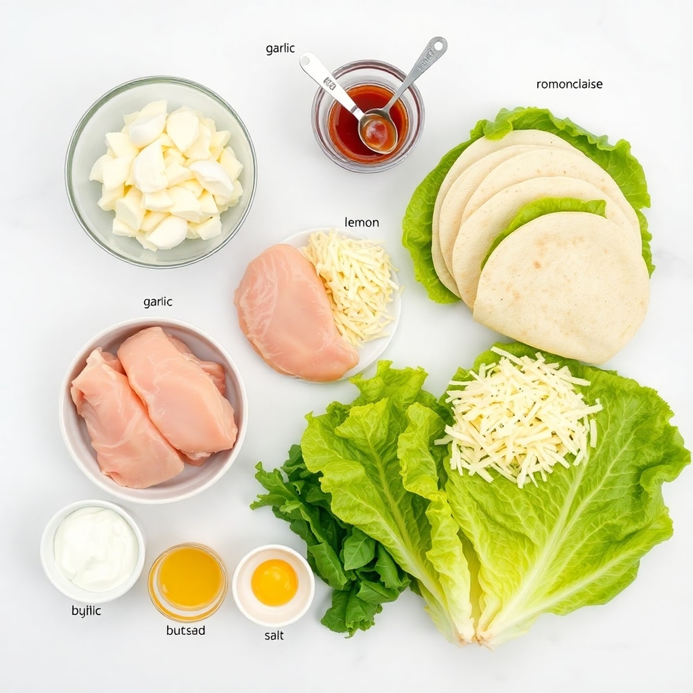 Raw ingredients for chicken Caesar wraps on a white marble surface