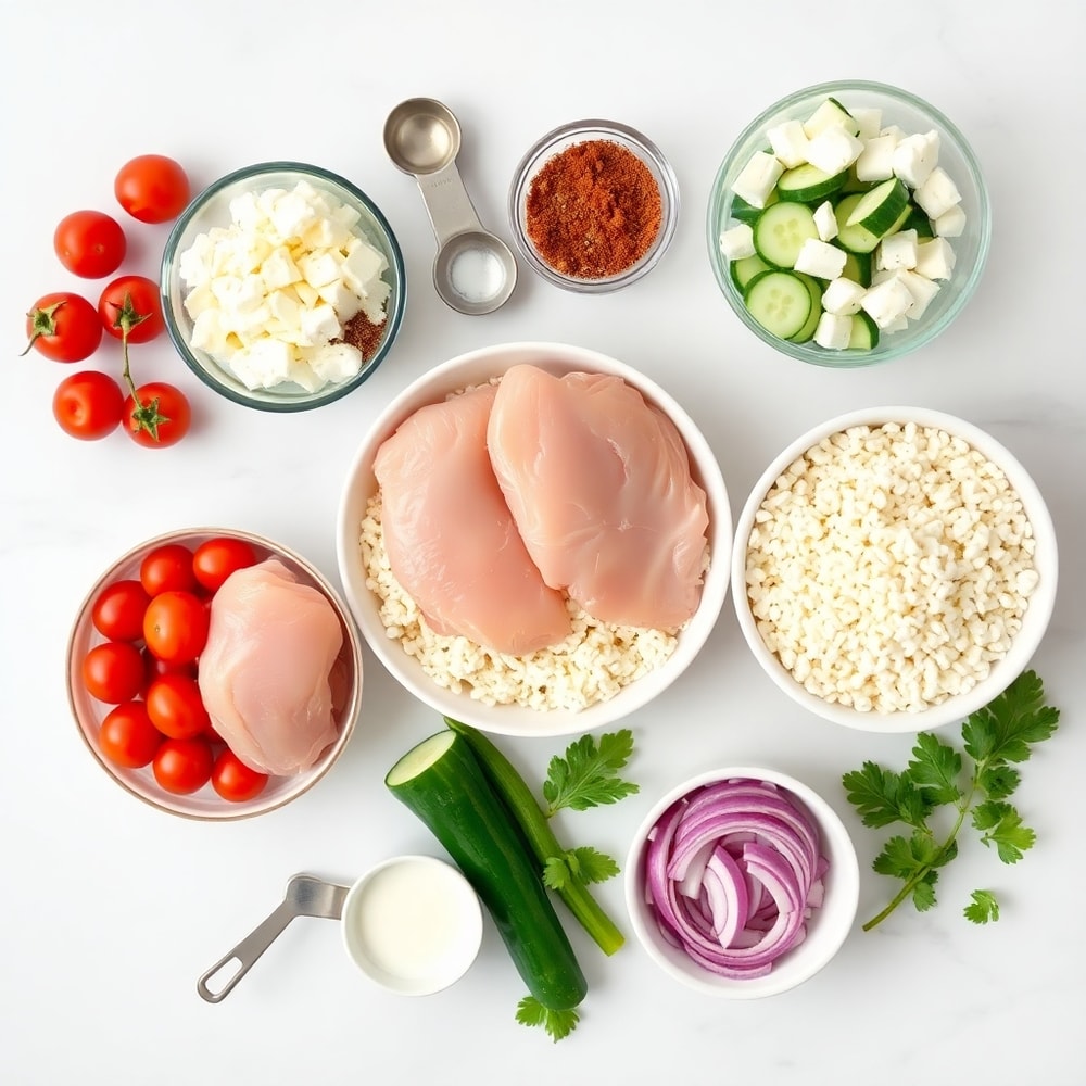 Raw ingredients for Greek Chicken Bowl on a wooden surface