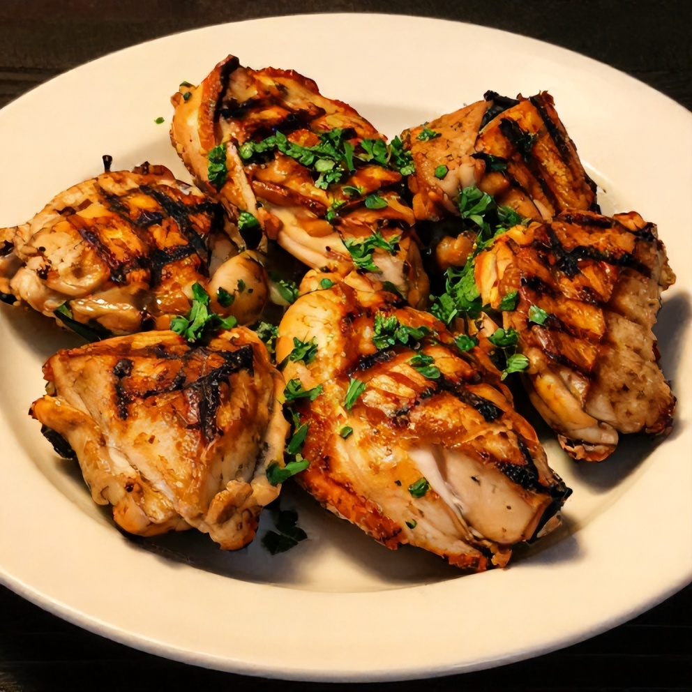 Plated crispy grilled chicken thighs