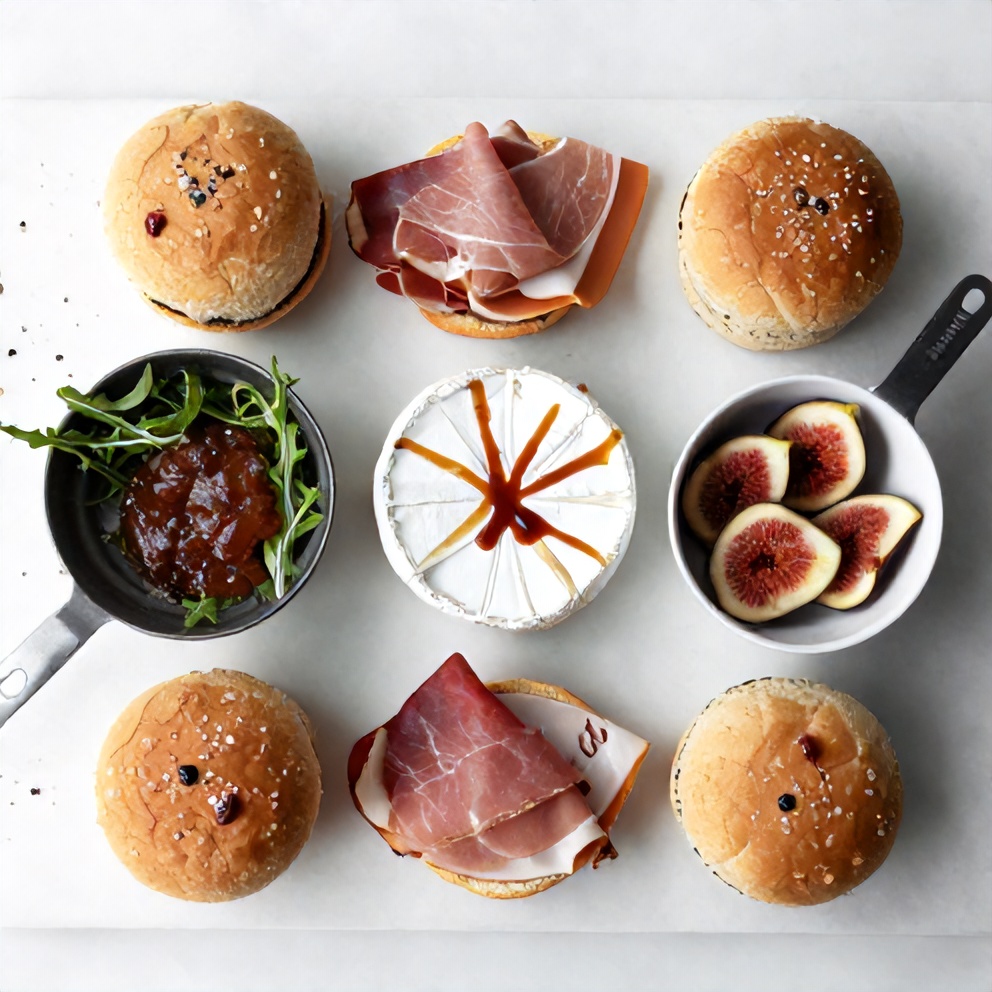 Raw ingredients for Ham Brie Fig Sliders arranged on a marble surface