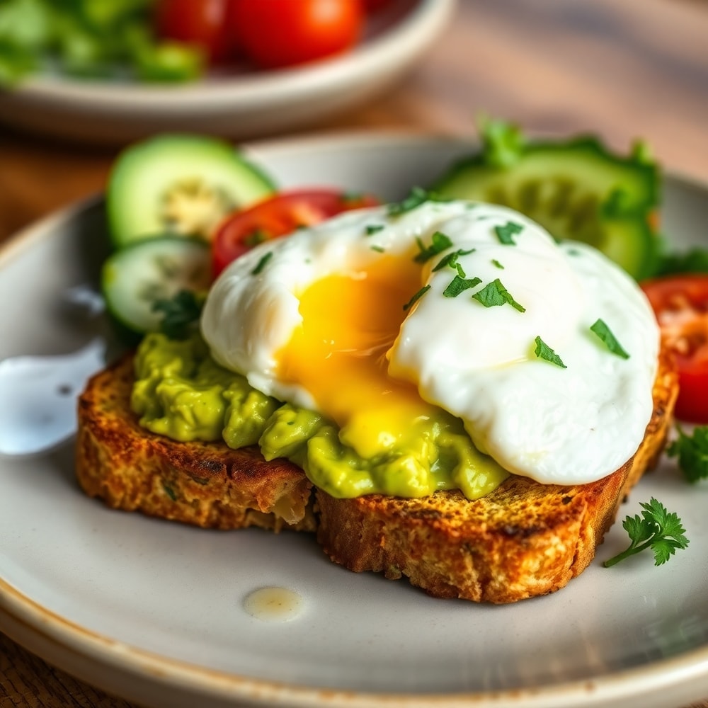 Plated hash brown avocado toast with a poached egg