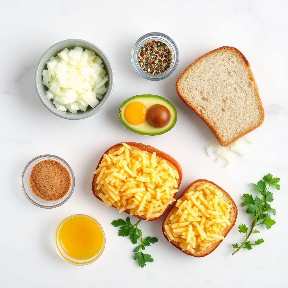 Raw ingredients for hash brown avocado toast on a white marble surface
