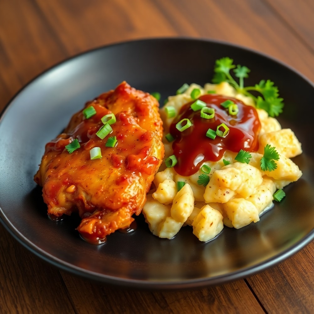 Plated Honey BBQ Chicken with Creamy Garlic Parmesan Potatoes