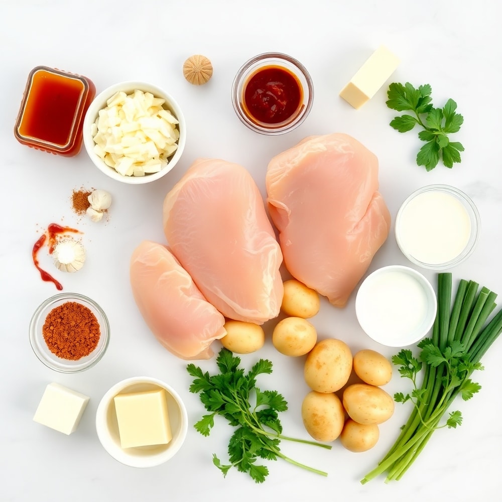 Raw ingredients for Honey BBQ Chicken with Creamy Garlic Potatoes