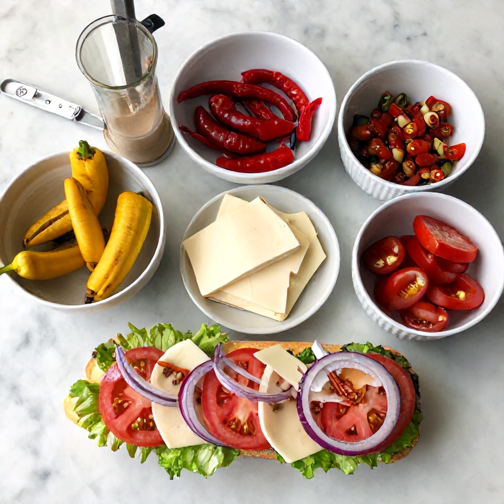 Raw ingredients for Italian grinder sandwiches on a marble countertop