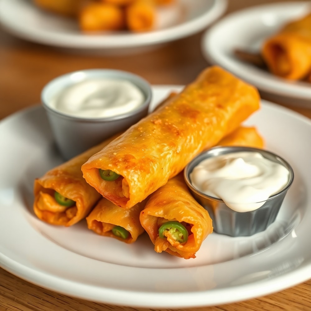 One plated serving of Jalapeño Popper Egg Rolls with sour cream