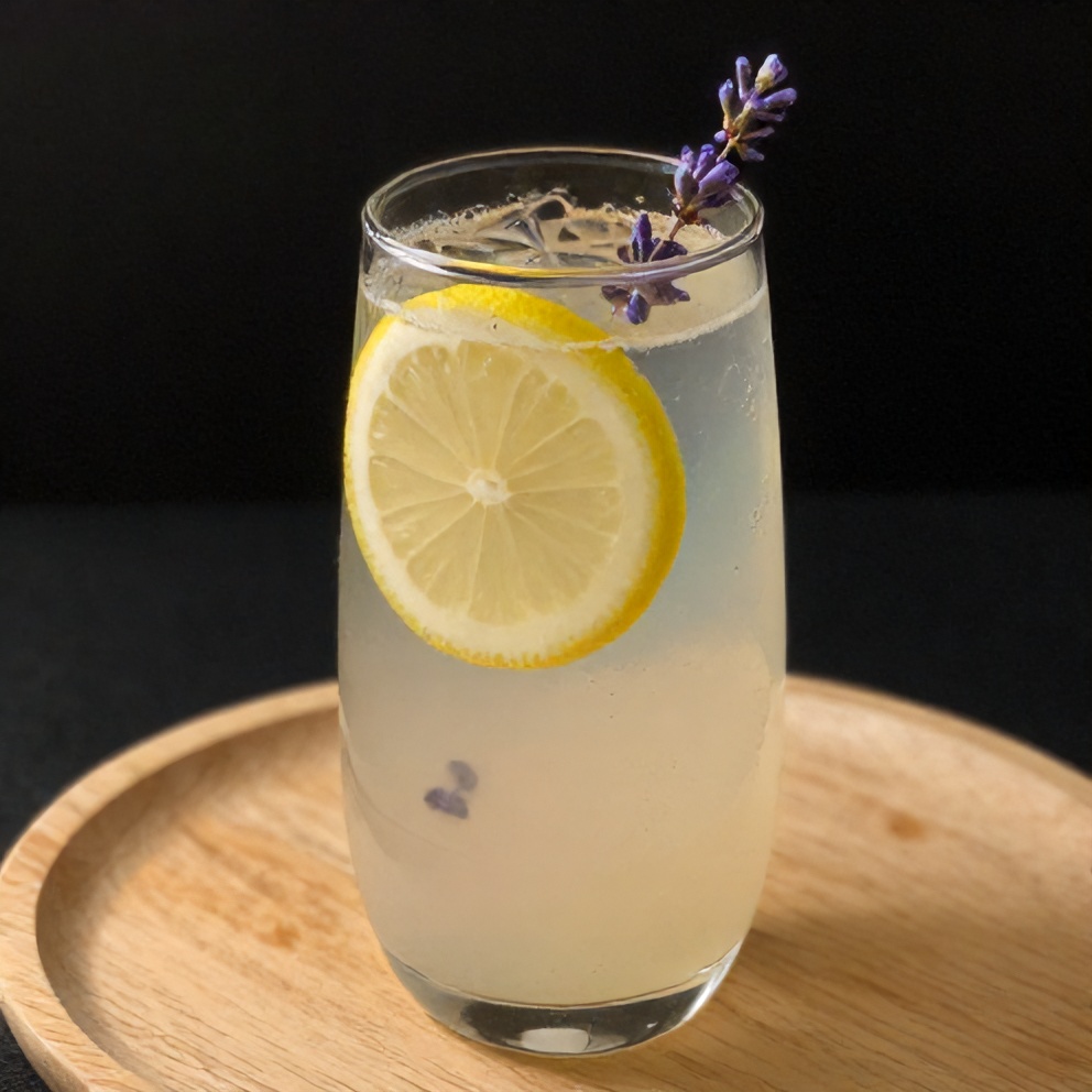 Glass of lavender lemonade with a lemon wheel garnish