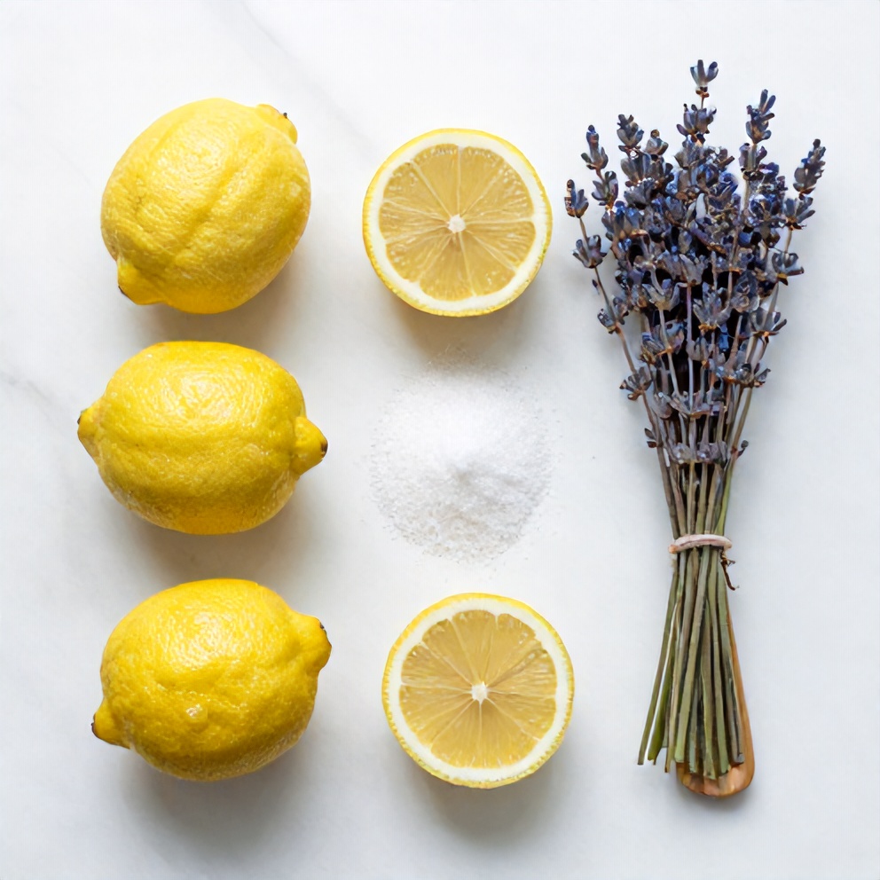 Lavender, lemons, sugar, water, and ice on a wooden surface