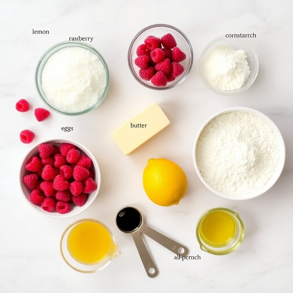 Lemon Raspberry Bars ingredients on a marble surface