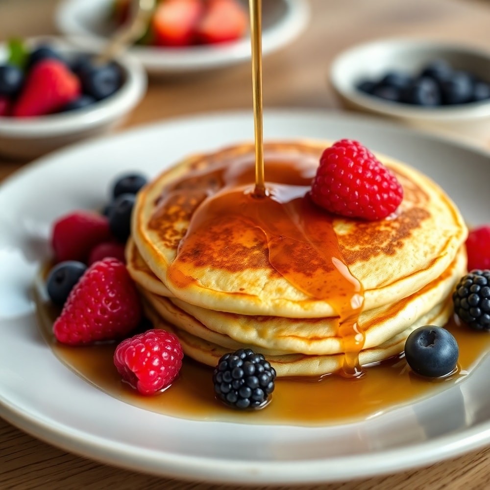 Plated Lion Pancakes with syrup and fresh berries