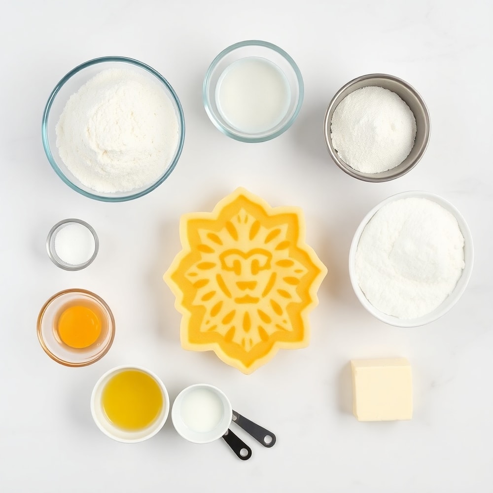 Raw ingredients for Lion Pancakes: flour, eggs, milk, baking powder, salt, sugar, butter, and lion-shaped pancake mold