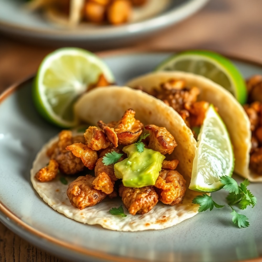 Plated crispy mushroom tacos with avocado and lime