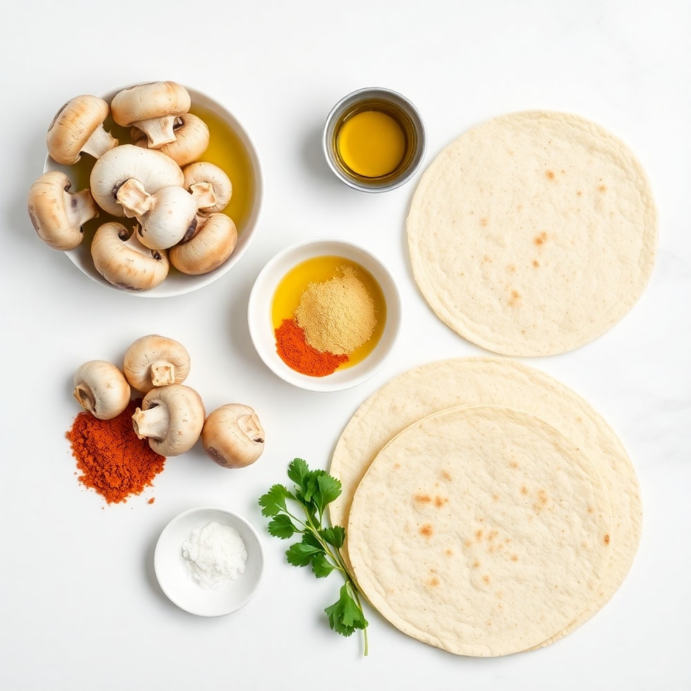 Raw ingredients for mushroom tacos on a white marble surface