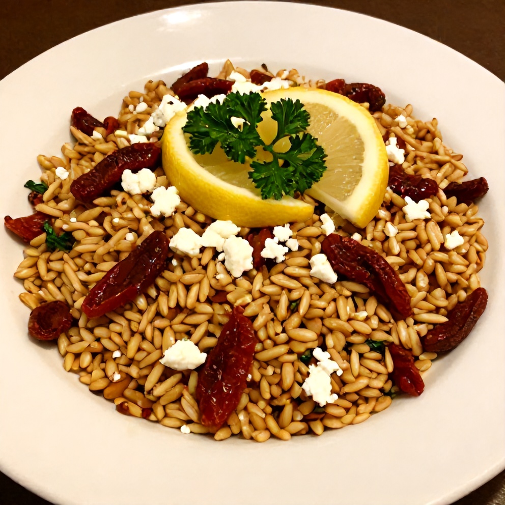 Plated Orzo Salad with Sun-Dried Tomatoes and Feta