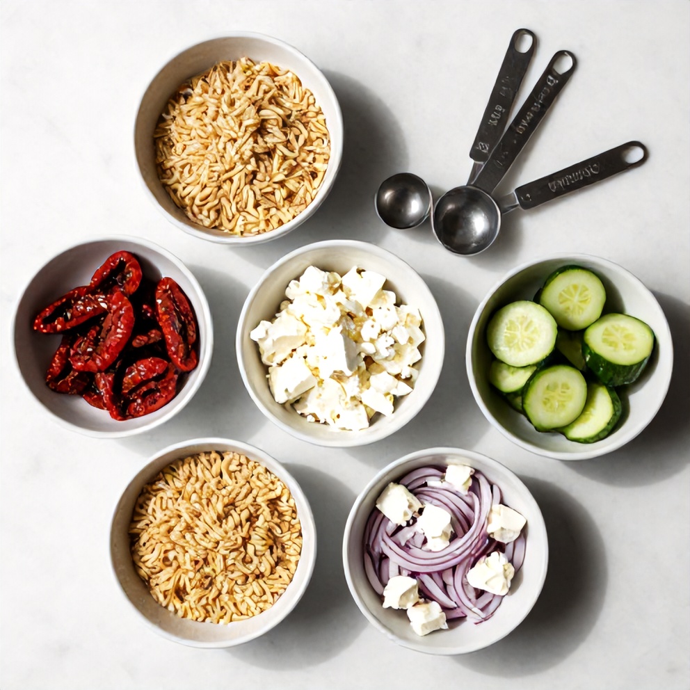 Raw ingredients for Orzo Salad with Sun-Dried Tomatoes and Feta