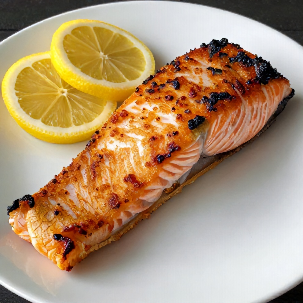 Plated serving of crispy oven-baked salmon with lemon wedge