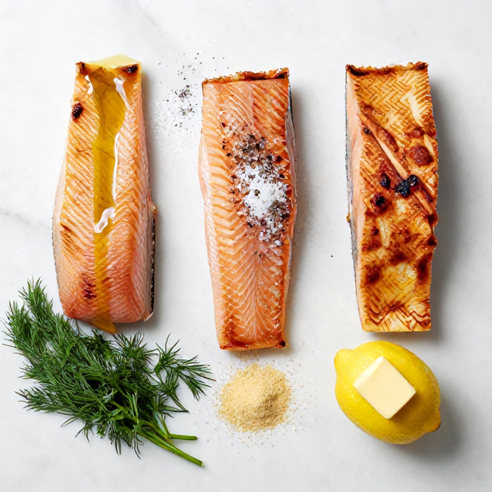 Raw ingredients for crispy oven-baked salmon arranged in a flat lay