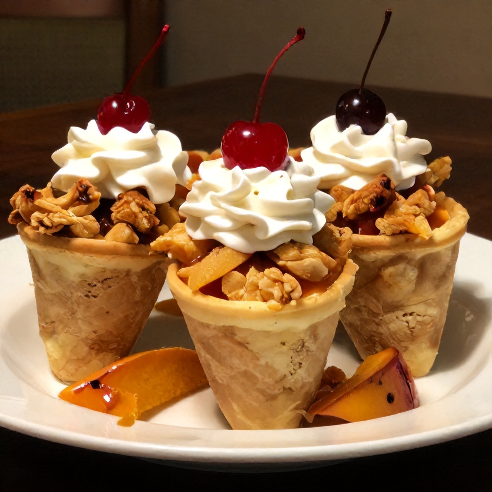 Plated Peach Cobbler Cheesecake Cones with whipped cream and a cherry on top