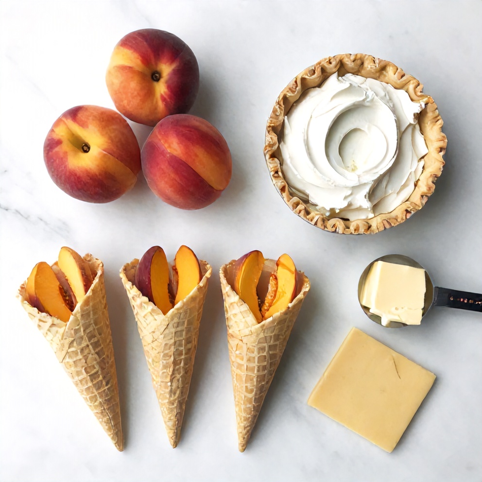Raw ingredients for Peach Cobbler Cheesecake Cones including peaches, cream cheese, and pie crust